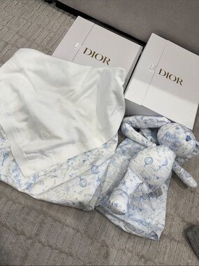 Dior White and Light Blue Baby Blanket with Plush Bunny